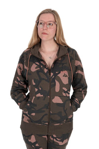 Dámská mikina s kapucí a zipem v camo vzoru